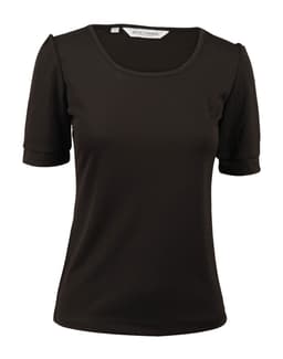 A women's black scoop neck T-shirt with short sleeves and a slight gathering at the sleeves. It features a logo.