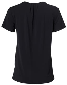 A black round neck short-sleeve knit top featuring pleats at the back and a logo.