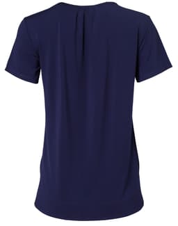 A navy blue ladies' short-sleeve top with pleats at the back and a round neckline, featuring a logo.