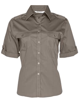 A women's short sleeve military shirt in a muted green colour, featuring button-up front and pockets, with a logo.