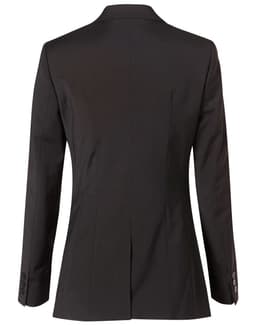 A women's mid-length jacket in black, featuring a tailored fit and a back vent. Includes button details on the sleeves.