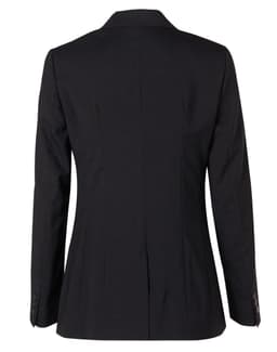 A black women's mid-length jacket with a fitted back and long sleeves, featuring a single vent and buttoned cuffs.