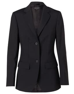 A women's mid-length jacket in black with a tailored fit, featuring two front buttons and pockets.