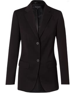 A black mid-length jacket with two buttons and a fitted design. Features pockets and a logo on the label.