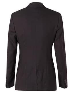 A black women's mid-length jacket featuring two buttons and a fitted design, made from poly/viscose stretch fabric.