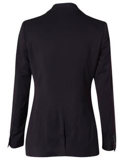 A mid-length women's black jacket with two buttons and long sleeves, featuring a fitted design and back seam detailing.