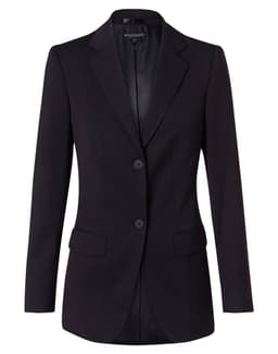 A women's mid-length jacket in black with two buttons, featuring a tailored fit and a classic blazer design.
