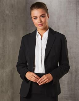 A women's one-button cropped jacket in black poly/viscose stretch stripe, featuring a sleek design and tailored fit.