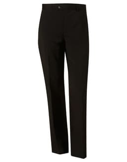Men's black polyviscose stretch pants featuring a slim fit design and a branding logo on the waistband.
