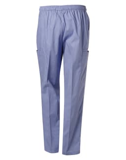 Unisex scrub pants in a light blue colour, featuring an elastic waistband and side pockets.