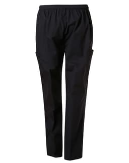 Unisex black scrub pants with an elastic waistband and side pockets, featuring a logo.