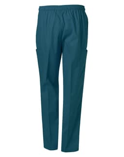 Unisex scrub pants in a teal colour, featuring an elastic waistband and side pockets.