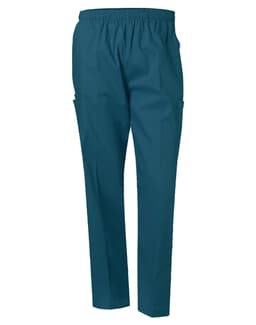 Unisex scrub pants in teal, featuring an elastic waistband and side pockets. Includes a logo on the garment.