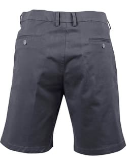 Men's stretch cotton chino shorts in dark grey, featuring a two-pocket design on the back and a logo.