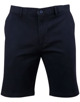 Men's stretch cotton chino shorts in navy, featuring a button closure and front pockets. Includes a logo.