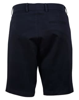 Ladies' stretch cotton chino shorts in navy, featuring a back pocket and a logo. Suitable for casual wear.