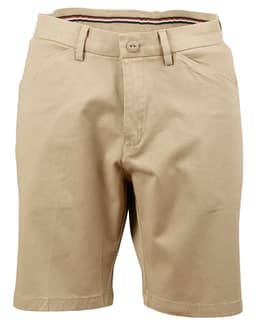 Ladies' stretch cotton chino shorts in a light beige colour, featuring a front button and pockets. Includes a logo tag.