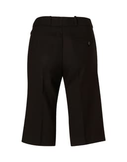Back view of women's knee-length black dress shorts in poly/viscose stretch, featuring a button and pocket detail.
