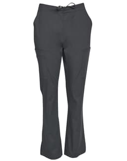 Ladies' solid colour scrub pants in dark grey, featuring a waistband tie and side pockets. Includes branding.