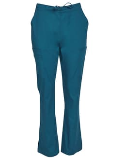 Teal solid colour scrub pants with pockets, featuring a drawstring waist and a logo.