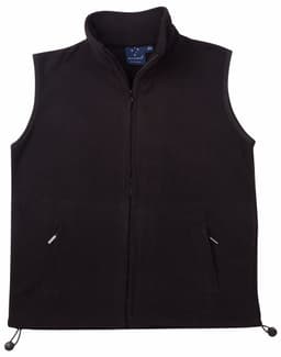 A black unisex polar fleece vest featuring a zip front and side pockets, with a logo on the upper part.