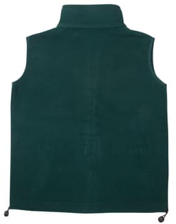 A green unisex polar fleece vest featuring a high collar and drawstring hem. It has a logo on the front.