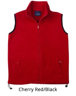Unisex polar fleece vest in cherry red with black accents, featuring a full zip and two front pockets.