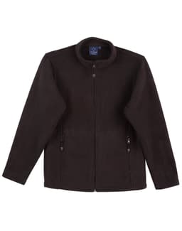 A black polar fleece jacket with a full zip, featuring two side pockets and a collar, has a logo.