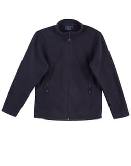 A navy blue polar fleece jacket with a full zip, featuring side pockets and a round collar. It has a logo.
