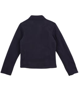 A navy polar fleece jacket with a fitted design and long sleeves, featuring a simple branding element.
