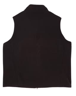A black fleece vest for men, featuring a collar and a back view. Includes a logo.