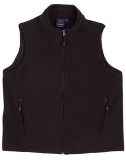 A black fleece vest for kids featuring a zip closure and two side pockets. Includes a logo on the inside label.