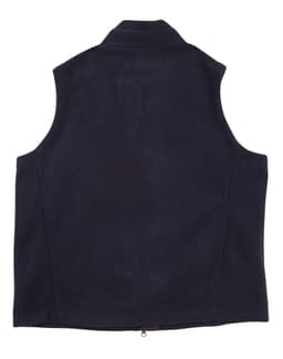 A navy fleece vest for kids, featuring a high collar and no sleeves, with a logo on the back.