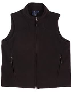 A black fleece vest for men with a zip front, side pockets, and a branding logo on the collar.