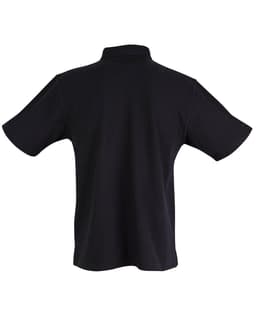 A black children's traditional polo shirt with short sleeves, featuring a collar and a logo on the back.
