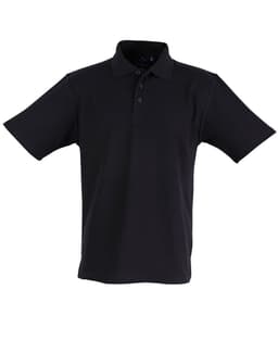 A black children's traditional polo shirt with a collar and short sleeves, featuring buttons and a small logo.