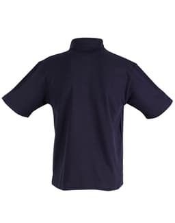 A children's traditional polo shirt in navy, featuring short sleeves and a collar, with a logo on the back.