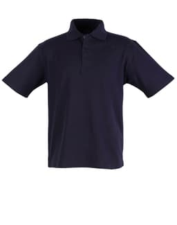 A navy blue children's polo shirt with a collar and short sleeves, featuring three buttons and a logo.