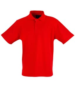 A red children's traditional polo shirt with a collar and short sleeves, featuring a logo.