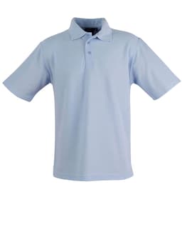 A light blue children's traditional polo shirt with a collar, short sleeves, and three buttons, featuring a logo.