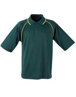 A green polo shirt with yellow accents and a branding logo on the chest. Short sleeves and a classic collar design.