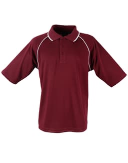 A maroon polo shirt featuring a collar, short sleeves, and white piping, complete with a logo.