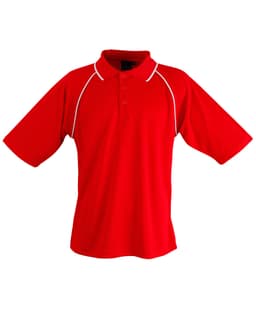 A red polo shirt featuring short sleeves and contrasting piping detail. It has a logo.