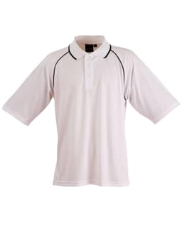 Men's polo shirt in white with black accents, featuring a collar and short sleeves. It has a logo on it.