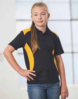 A black and yellow polo shirt featuring a branding logo, worn by a girl with long hair and standing confidently.