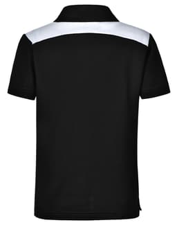 A children's polo shirt in black with a white panel across the shoulders. Features a logo on the front.