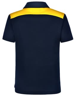 A navy blue polo shirt featuring a yellow accent on the back. It has a collar and short sleeves, with a logo.