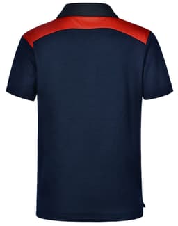 A navy polo shirt with a red shoulder design and a logo on the back. Suitable for children's wear.