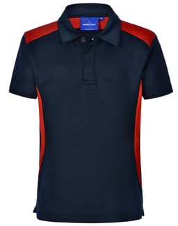 Children's polo shirt in navy with red accents and a logo on the chest. Short sleeves and a collar design.