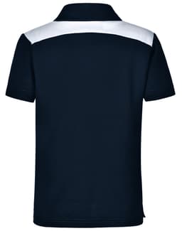A navy blue children's polo shirt with a white shoulder panel and a logo on the back.